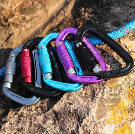 Wholesale 24KN Outdoor Carabiner Customized Logo and Color D Shape Climbing Snap Hook Aluminum Carabiner Hooks 