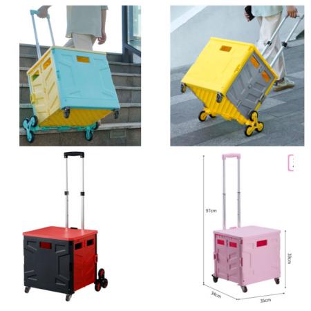 High Quality Plastic Storage Box Folding Wagon Portable Shopping Trolley Cart With 8 Wheels Green Yellow Pink 