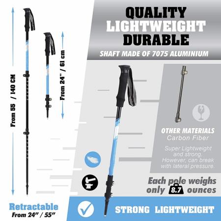 Ultralight Collapsible 100% Carbon Fiber Trekking Poles with Quick Flip-Lock, Cork Grips, Tungsten Tips 