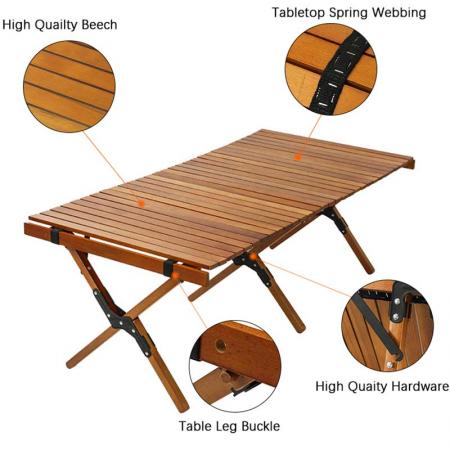 Portable Folding Table Wooden Folding Table Wood Foldable Adults Folding Wood Table Roll Camping Folding Picnic Table for Beach Fishing 