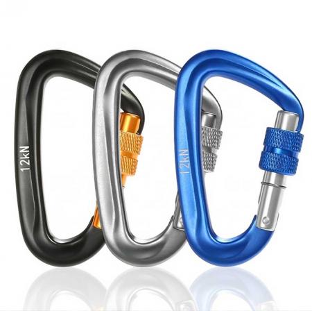 China Manufactory Customized Screw Lock Carabiner Clip Aluminum Climbing D-Ring 12kN Snap Hook  