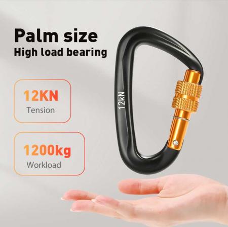 China Manufactory Customized Screw Lock Carabiner Clip Aluminum Climbing D-Ring 12kN Snap Hook  