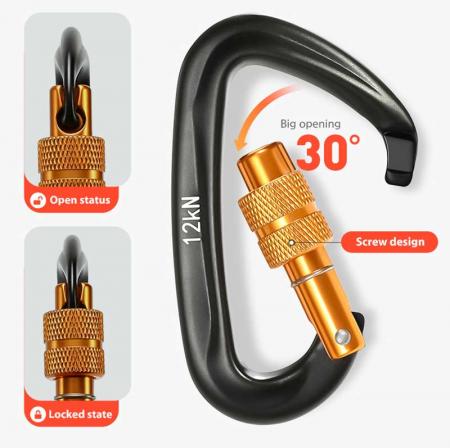 Heavy Duty Wholesale Customized Aluminum 12KN Ultra-Light Locking Climbing Carabiner Screw Snap Hook  