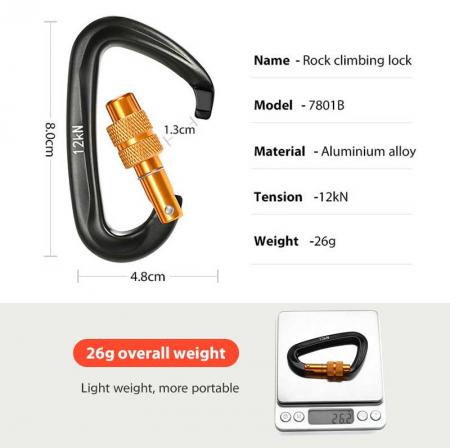 Heavy Duty Whosale Customized Aluminum 12KN Ultra-Light Locking Climbing Carabiner Screw Snap Hook  