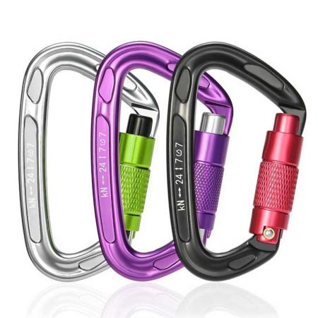 Wholesale 24KN Outdoor Carabiner Customized Logo and Color D Shape Climbing Snap Hook Aluminum Carabiner Hooks 