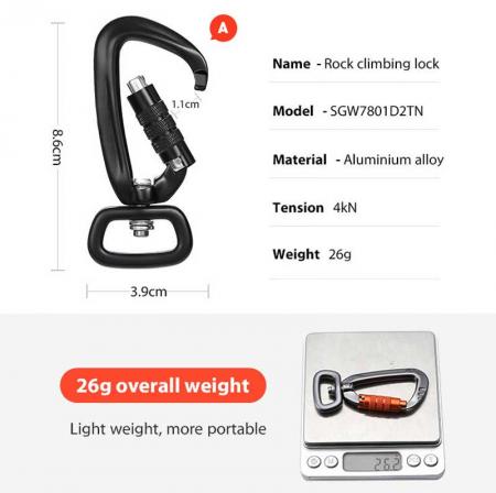 Good 4KN Black Auto Locking Aluminum Swivel Carabiner Snap Hook For Dog Leash 