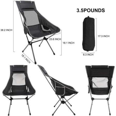 Ultralight High Back Camping Chair, Lightweight Folding Chairs with Headrest, Portable Compact for Outdoor Camp, Hiking, Picnic 