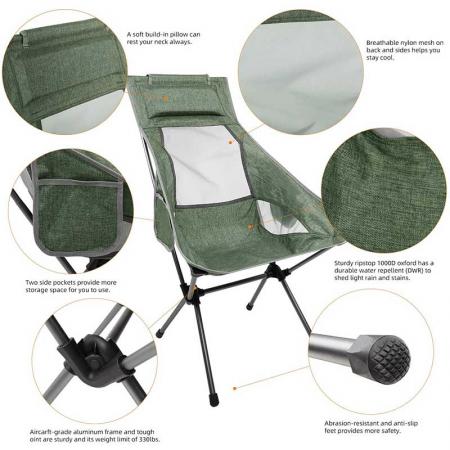 Camping Backpacking Chair High Back, 330 lbs Capacity, Lightweight Compact Portable Folding Chair for Hiking Travel Beach Picnic 