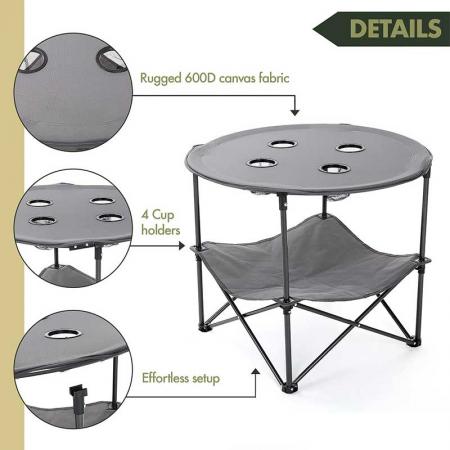 Folding Camp Table Heavy-Duty Portable Folding Table 4 Cup Round Carrying Case Steel Frame High-Grade 600D 