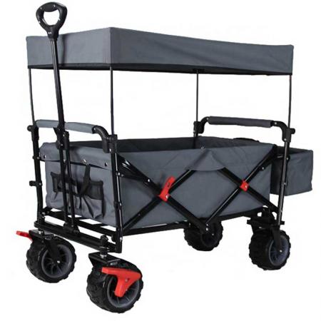 Collapsible Folding Outdoor Utility Wagon Patio Garden Cart with 2 Drink Holders and Wheels for Camping and Picnic 