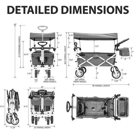 Heavy Duty Folding Outdoor Collapsible Utility Wagon Cart Push Cart with Brake Function Big Wheels and Canopy for Beach
