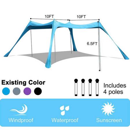 UPF50 UV Protection beach tent with 4 Aluminum Poles, 4 Pole Anchors, 4 Sandbag Anchors Large & Portable Shelter Tarp 