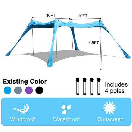 New Design Portable Huge Lycra Fabric Aluminium Pole Rod Quick Setup Beach Tarp Shade