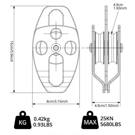 Large Rescue Double Pulley Heavy Duty 25KN Double Sheave with Swing Plate 