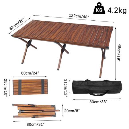 Outdoor Wood Grain Table Folding Table Roll Camping Folding Picnic Table for Beach Fishing 