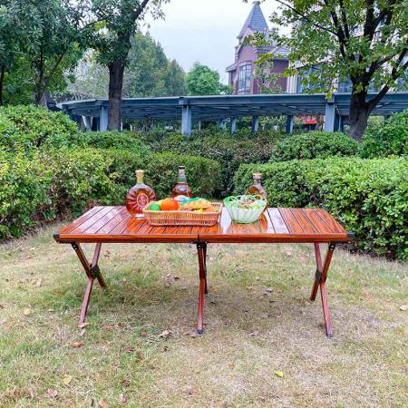 Outdoor Wood Grain Table Folding Table Roll Camping Folding Picnic Table for Beach Fishing 