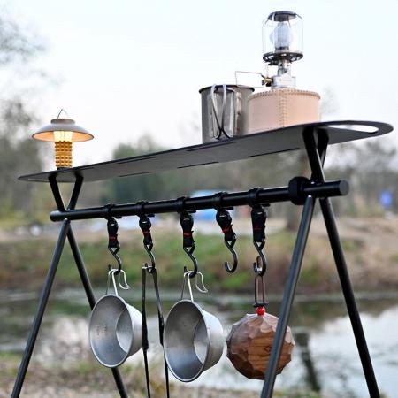 Folding Camp Hanging Triangle Storage Rack Portable Drying Racks Outdoor Pot Shelf with Storage Table Board