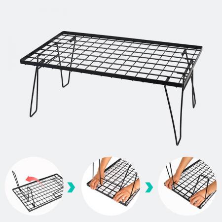 Outdoor Folding Iron Mesh Table BBQ Camping Self Driving Picnic Table Drainage Rack with a Bamboo Board 