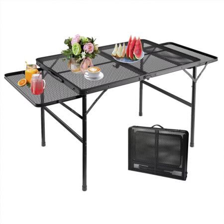 Picnic Outdoor Shelf Folding Metal Grill Table 2 Side Shelves Family Camping Table