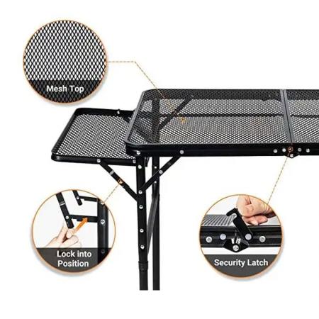 Picnic Outdoor Shelf Folding Metal Grill Table 2 Side Shelves Family Camping Table