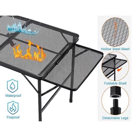 Picnic Outdoor Shelf Folding Metal Grill Table 2 Side Shelves Family Camping Table