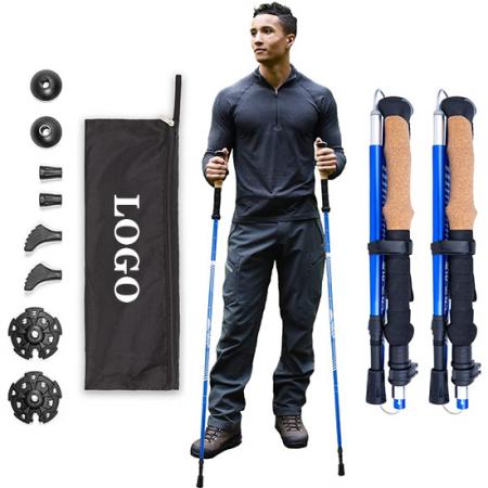 Walking Trekking Poles Collapsible Lightweight Hiking Walking Running Sticks with Natural Cork Grips Flip Locks with Carry Bag