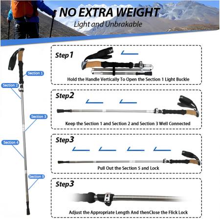 Custom 5 Section 7075 Aviation Aluminum Trekking Poles Strap Folding Walking and Hiking Sticks with Cork Handle OEM Option 