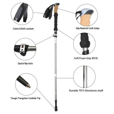 Custom 5 Section 7075 Aviation Aluminum Trekking Poles Strap Folding Walking and Hiking Sticks with Cork Handle OEM Option 