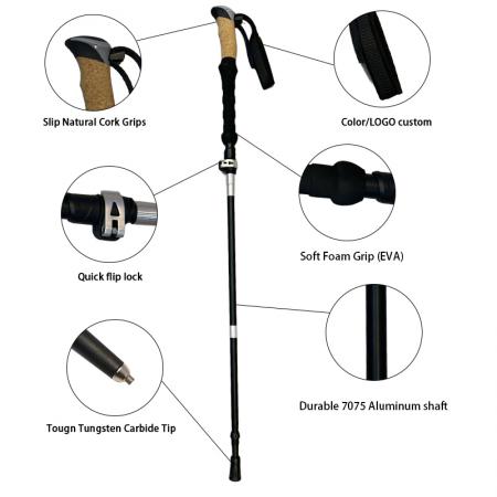 Collapsible Trekking Poles 7075 Aluminium Alloy Cane Adjustable Walking Stick With Cork Handle 