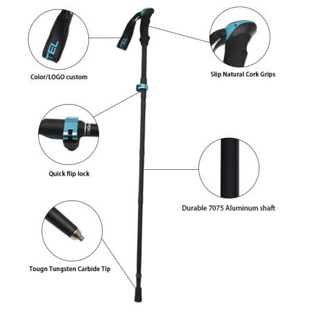 Aluminum Cork Handle Folding Trekking Poles with Adjustable 110-130cm Collapsible Design Lightweight Quick Lock Anti-Slip Tips 
