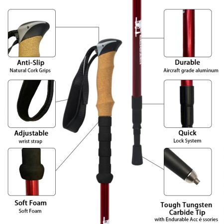 Outdoor Aluminum Telescopic Nordic Inner Lock Antishock Walking Stick Pole With Cork And EVA Handle 