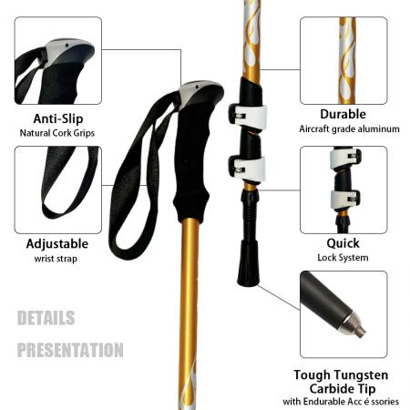 Outdoor Ultralight Nordic 7075 Aluminium Carbon Fiber Cork EVA Handle Iron Folding Hiking Trekking Pole 