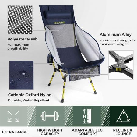 High Back Mesh Camping Chair – 7075 Aluminum Portable Outdoor Chair, 600D Polyester + Breathable Mesh, 2.13kg, 106cm High Back 