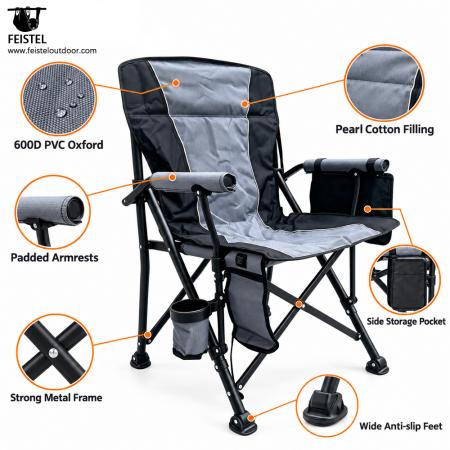 Luxury Padded Folding Camping Chair – High Back Heated Outdoor Chair, 600D PVC Oxford, Pearl Cotton Padding, 150kg Capacity, 5V/2A Heating 