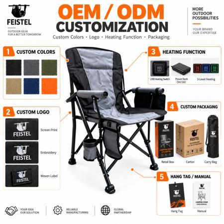 Luxury Padded Folding Camping Chair – High Back Heated Outdoor Chair, 600D PVC Oxford, Pearl Cotton Padding, 150kg Capacity, 5V/2A Heating 