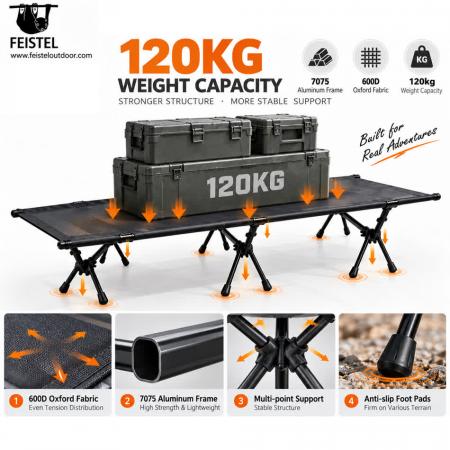 Lightweight Folding Camping Bed – Portable 7075 Aluminum Camping Cot, 600D Oxford, 190 × 65 × 38cm, 120kg Capacity 