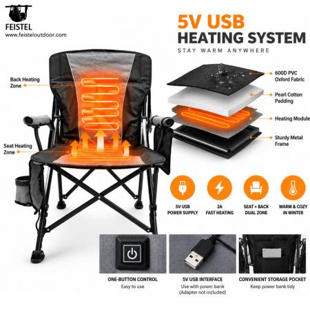 Luxury Padded Folding Camping Chair – High Back Heated Outdoor Chair, 600D PVC Oxford, Pearl Cotton Padding, 150kg Capacity, 5V/2A Heating 