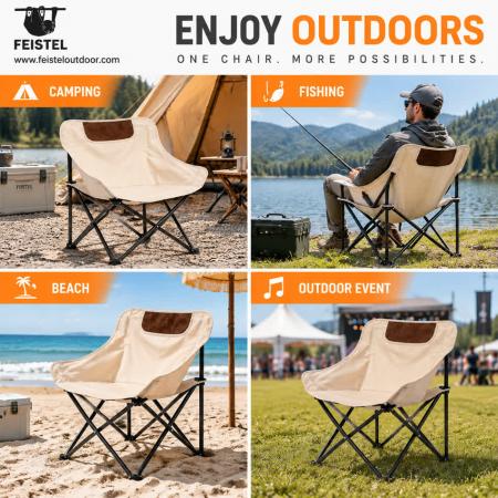 Foldable Beach Camping Chair – 2.35kg Carbon Steel Folding Moon Chair, 600D Polyester + Mesh, 69 × 65 × 45cm 