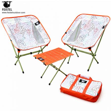 Foldable Camping Table and Chair Set – 3-Piece 7075 Aluminum Outdoor Furniture Set with 2 Moon Chairs & 1 Table 
