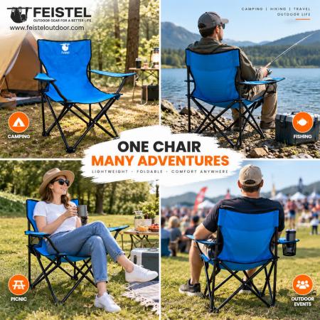 Folding Outdoor Camping Chair with Armrest – 1.8kg Lightweight Steel Frame Chair, 600D Oxford + PE Coating, 120kg Capacity 