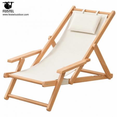 Folding Wooden Camping Chair – Adjustable Beach Reclining Lounge Chair with Armrests & Pillow 
