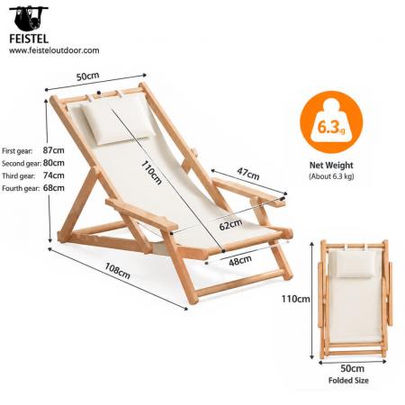 Folding Wooden Camping Chair – Adjustable Beach Reclining Lounge Chair with Armrests & Pillow 