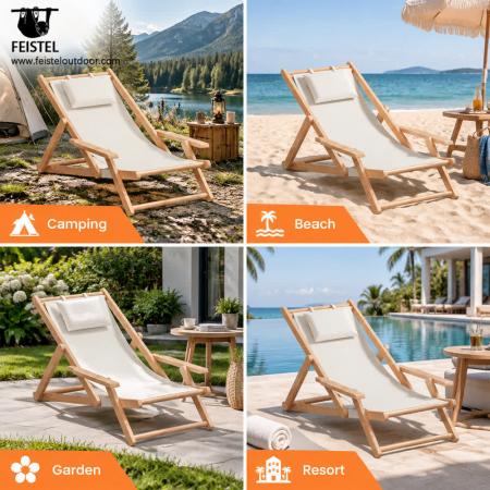 Folding Wooden Camping Chair – Adjustable Beach Reclining Lounge Chair with Armrests & Pillow 