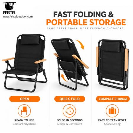 Reclining Camping Chair – 350lb Folding Beach Recliner, 600D PVC Oxford, Φ24mm Steel Frame 