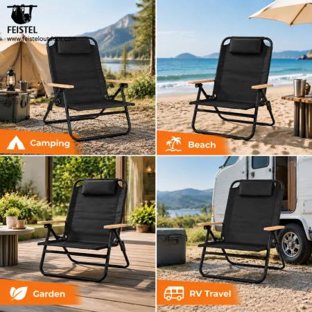 Reclining Camping Chair – 350lb Folding Beach Recliner, 600D PVC Oxford, Φ24mm Steel Frame 