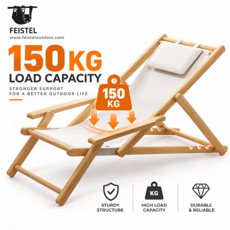 Folding Wooden Camping Chair – Adjustable Beach Reclining Lounge Chair with Armrests & Pillow 