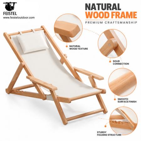 Folding Wooden Camping Chair – Adjustable Beach Reclining Lounge Chair with Armrests & Pillow 