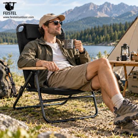 Reclining Camping Chair – 350lb Folding Beach Recliner, 600D PVC Oxford, Φ24mm Steel Frame 