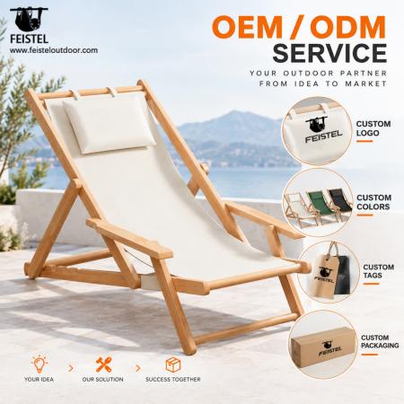 Folding Wooden Camping Chair – Adjustable Beach Reclining Lounge Chair with Armrests & Pillow 