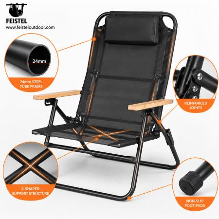 Reclining Camping Chair – 350lb Folding Beach Recliner, 600D PVC Oxford, Φ24mm Steel Frame 